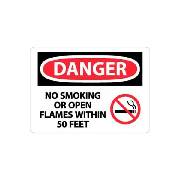 NMC OSHA Sign, Danger No Smoking Or Open Flames Within 50 Feet, 10in X 14in, White/Red/Black